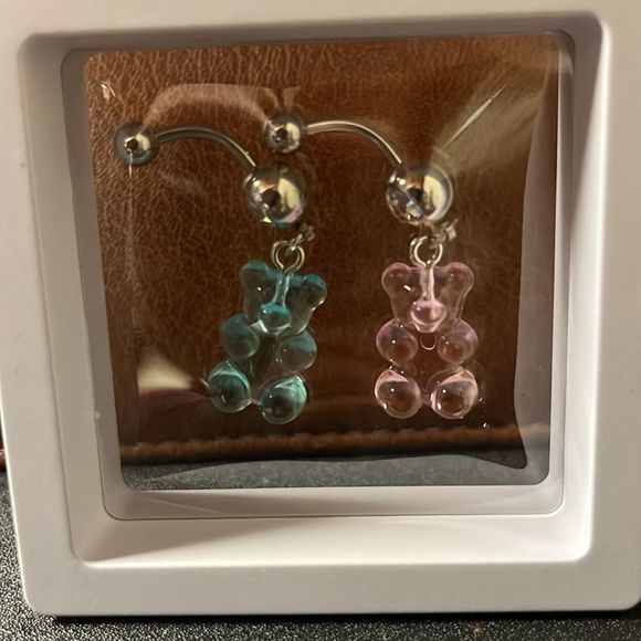 Two Pack Of Bear Charm Belly Rings  Pink And Blue